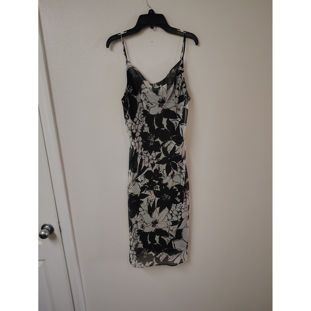 Johnnie M Black White Floral Cowl Neck Midi Slip Dress Size 6 Sleeveless Chiffon